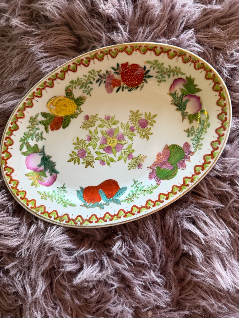 VIntage 20th century oval platter Rose Canton “Flowers and Fruits” lucky fruit